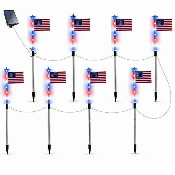 Solar Independence Day Flag Lights, Ground Plug Outdoor Patriotic String Light, Auto On/Off Yard Garden Holiday Decor