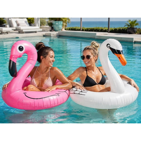 Hik-eqtor Inflatable Pool Floats with Colorful Solar LED Lights, 42 Inch Swim Float Ring, Large Pool Beach Floaty Pool Raft for Adults - 2 PC Swan + Flamingo
