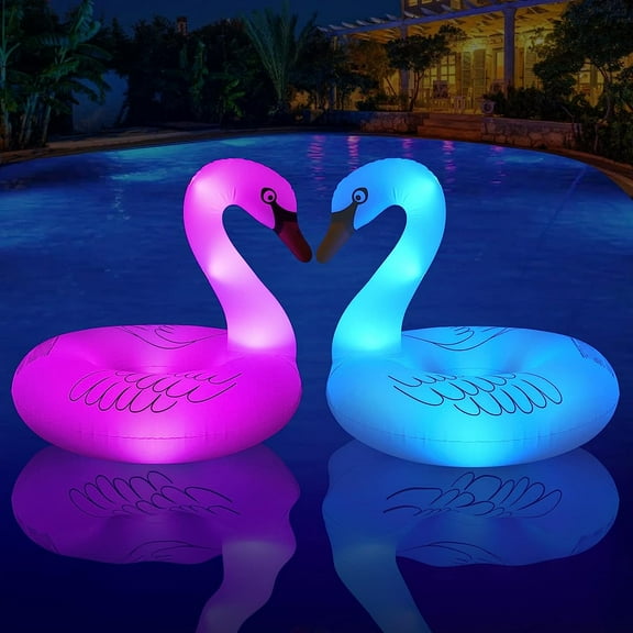 Solar Inflatable Swan Pool Floats with Lights, LED RGB Color Changing Light Up Pool Floats Adult, 42'' Large Swan Pool Floaties, Lake Floats Summer Pool Raft Lounge for Adults - 2 PC