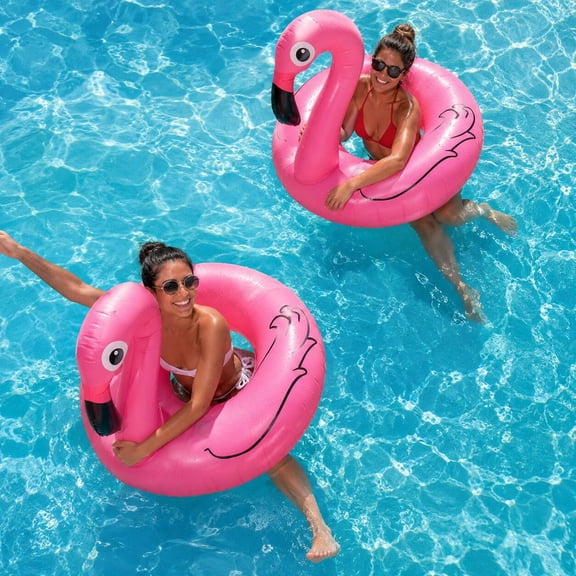 Hik-eqtor Inflatable Flamingo Pool Floats with Lights, Solar Powered Swim Tube Rings, 42'' Lake Beach Floaties Summer Pool Raft for Adults,2 Pack Pink