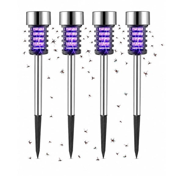 Solar Insect Zapper Stake Lights 4 Pack Outdoor Mosquito Killer Waterproof Lamp for Garden Patio Yard Camping Essentials （Stainless Steel）