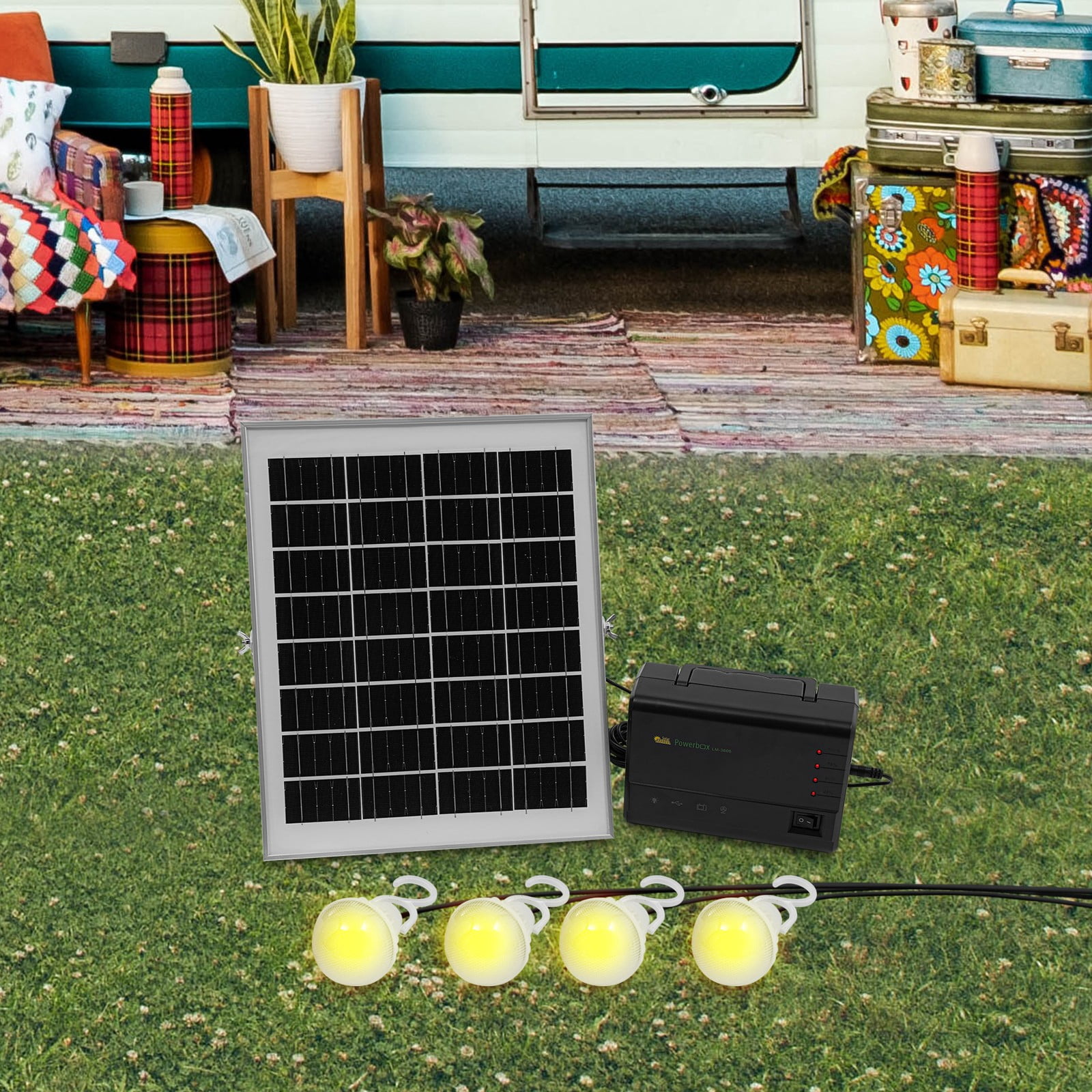 Solar Inverter with 4 LED Bulbs 110V Output 16V Input Small Home Solar Power System 15W Microinverter Kit for Home Camping Emergency (IP65 Waterproof)