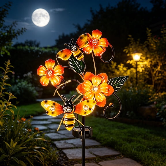 Solar Iron Garden Stake Light, Bee and Butterfly Decorative Outdoor Lighting for Patio, Weather-Resistant Solar Powered Landscape Light for Flower Bed, Lawn, and Pathway, Dusk to Dawn Auto On/Off