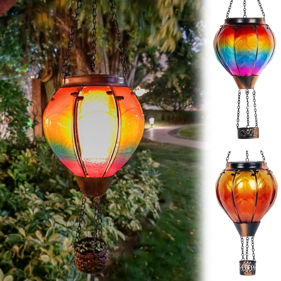 Solar Iron Glass Hot Air Balloon Lamp, LED Simulated Flame Light Waterproof Solar-Powered Auto Dusk-to-Dawn Rust-Resistant Outdoor Courtyard Garden Patio Hanging Decor Lantern, A
