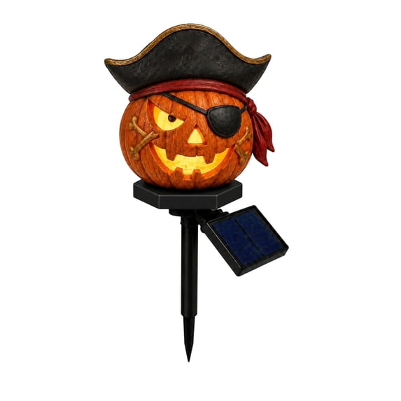 Solar Jack O Lantern Stake Lights, Orange Halloween Stake Light, Garden Stake Pathway Decor for Outdoor, Yard Walkway Halloween Ground Stake Decor, Solar Powered Pumpkin Pathway Light,Pirate Pumpkin