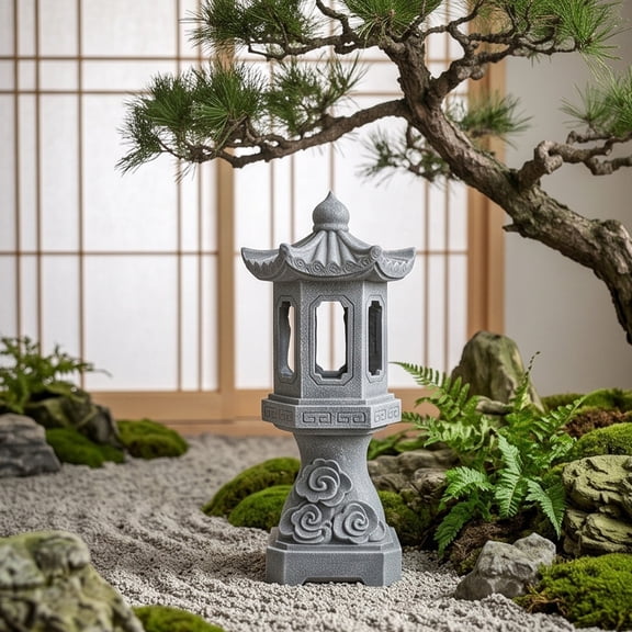 Solar Japanese Pagoda Statue, Resin Zen Garden Lantern with Night Glow, Asian Landscape Accent for Lawns, Patios, Rock Gardens, Balcony Planters and Courtyard Edges and More
