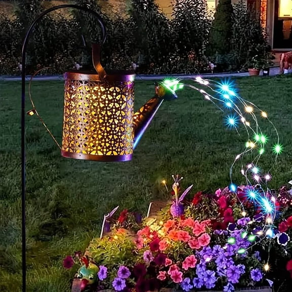 Solar Kettle Shower Lamp, Wrought Iron Outdoor Garden Light with Warm White LED String Lights, Watering Can Design Solar Powered Decorative Light for Patio, Yard and Party