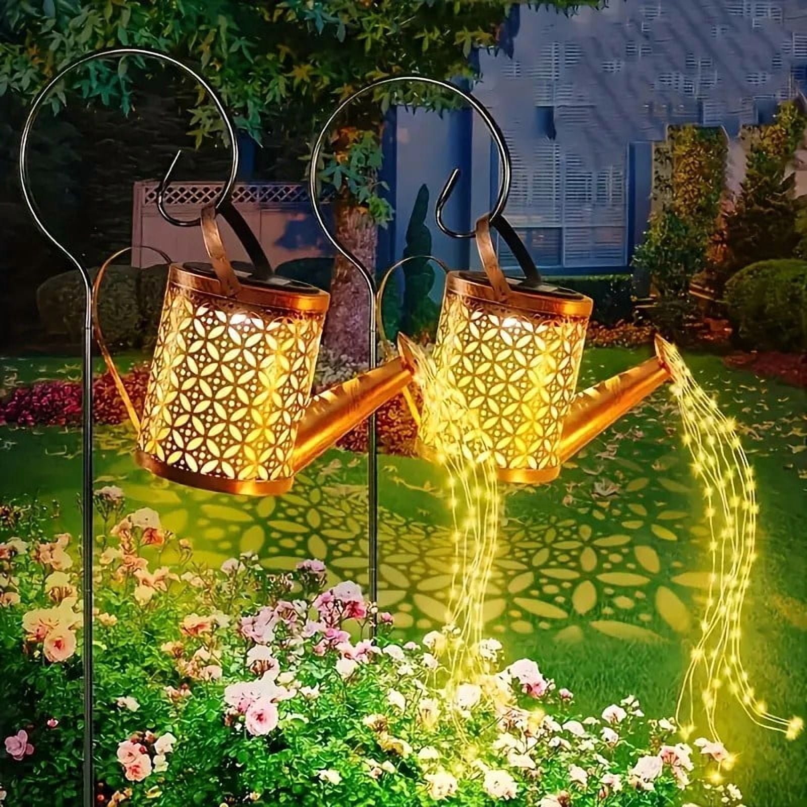 Solar Kettle Shower Lamp, Wrought Iron Outdoor Garden Light with Warm White LED String Lights, Watering Can Design Solar Powered Decorative Light for Patio, Yard and Party