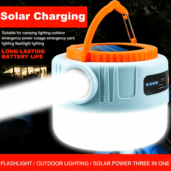 USB Rechargeable Solar LED Camping Light, Portable Tent Lantern with Flashlight Function, Solar Outdoor Spot Light for Hiking, Climbing, Garden & Emergency Use