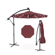 Solar LED Cantilever Patio Umbrella 10FT   24 Lights, 360  Rotation, Tilt & Crank, Heavy Duty Cross Base, UV Protection, Outdoor Garden, Backyard, Deck   Color Claret