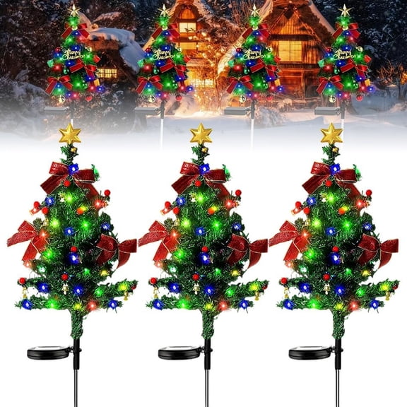 Solar LED Christmas Tree Outdoor Decoration Lifelike Plug-In Light Waterproof Flexible Artificial Tree with Two Lighting Modes for Garden Pathway Festive Party Decor Set of 3
