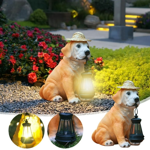 Solar LED Garden Dog Statue Labrador Puppy with Hat Outdoor Decor Resin Figurine Solar Light for Yard,Patio,Porch 7.87" x 6.3" x 9.84"