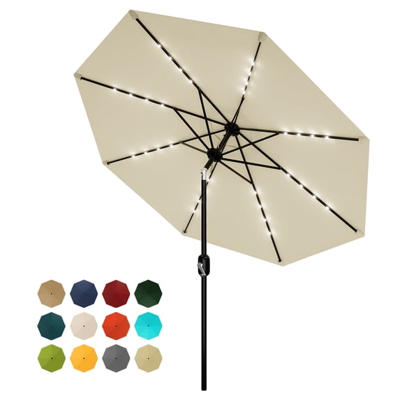 Solar LED Lighted Patio Umbrella 9FT – 32 Lights, 8 Ribs, Waterproof, UV Resistant, Tilt & Crank, Outdoor Market Umbrella for Pool, Deck, Backyard, Table