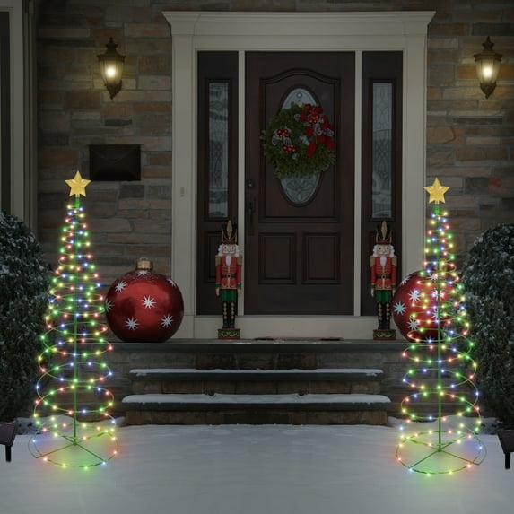 Solar LED Metal Christmas Tree Outdoor Holiday Decor Stake Light - 4 Feet, Multi-Colored - 2 Pack