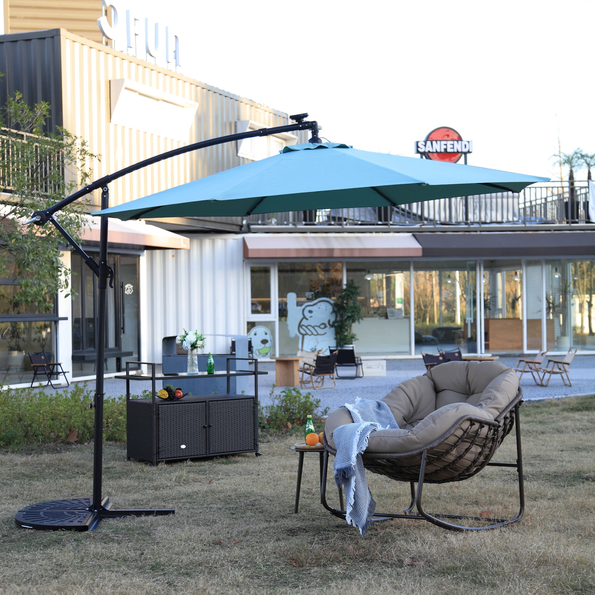 Solar LED Offset Hanging Patio Umbrella 10-Foot with 40 LED Lights and Tilt Adjustment, Outdoor Cantilever Umbrella for Backyard and Deck, Light Green
