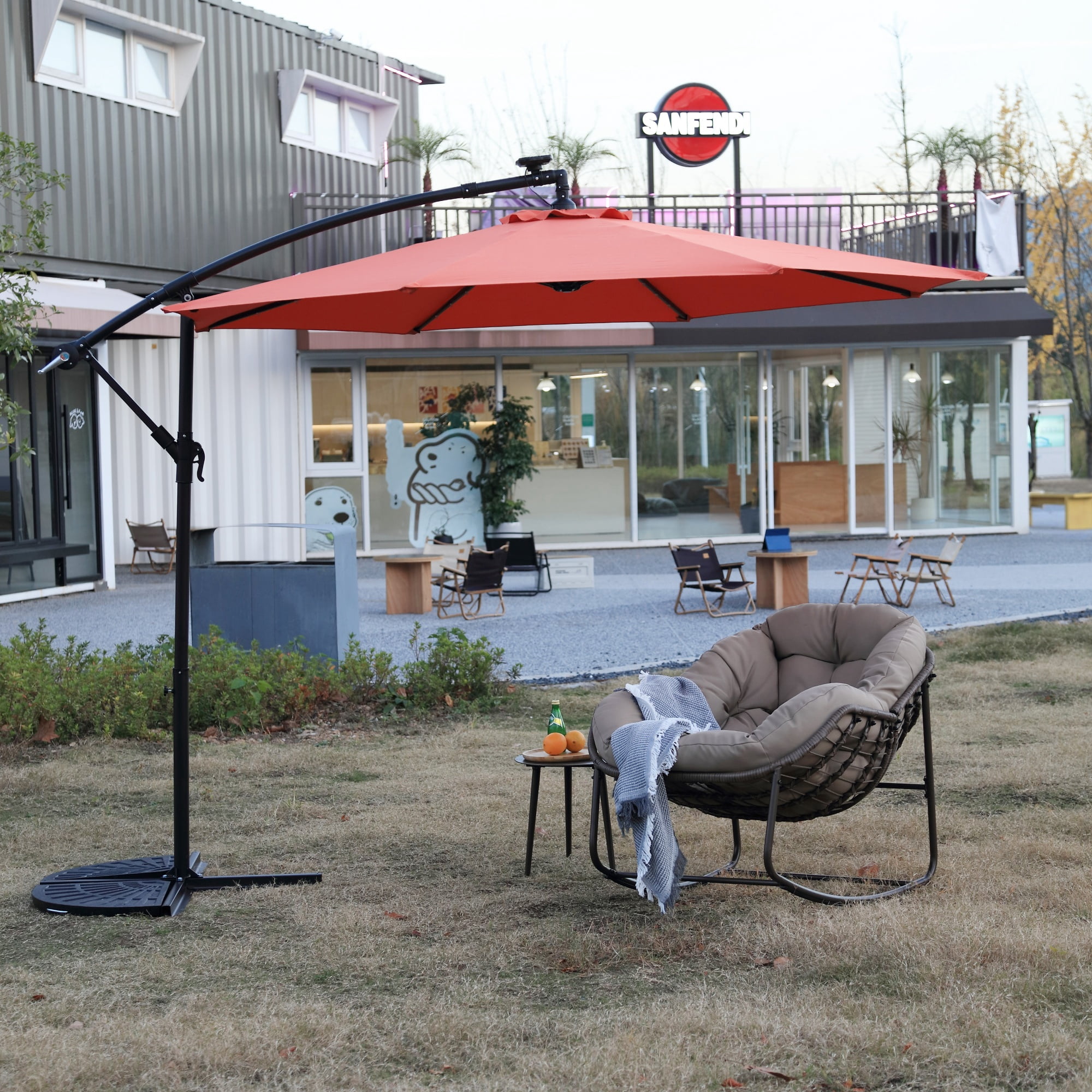 Solar LED Offset Hanging Patio Umbrella 10-Foot with 40 LED Lights and Tilt Adjustment, Outdoor Cantilever Umbrella for Backyard and Deck, Orange