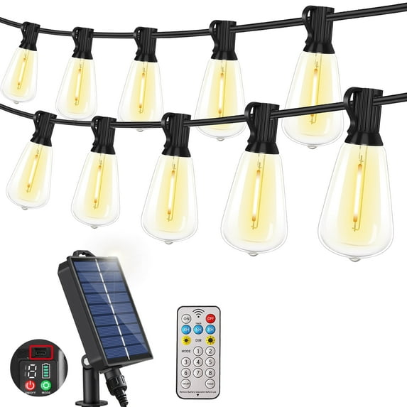 Solar LED Outdoor String Lights 30FT 10+1 Bulbs Warm White Waterproof for Patio Garden Backyard Bistro Party with USB C Charging