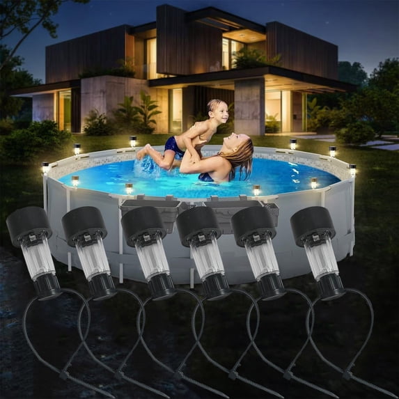 Solar LED Pool Lights for Above Ground Pool Fence Rails, Waterproof Warm White Outdoor Night Lights, Solar Powered Clip-On Pool Accessories (6 Pack)