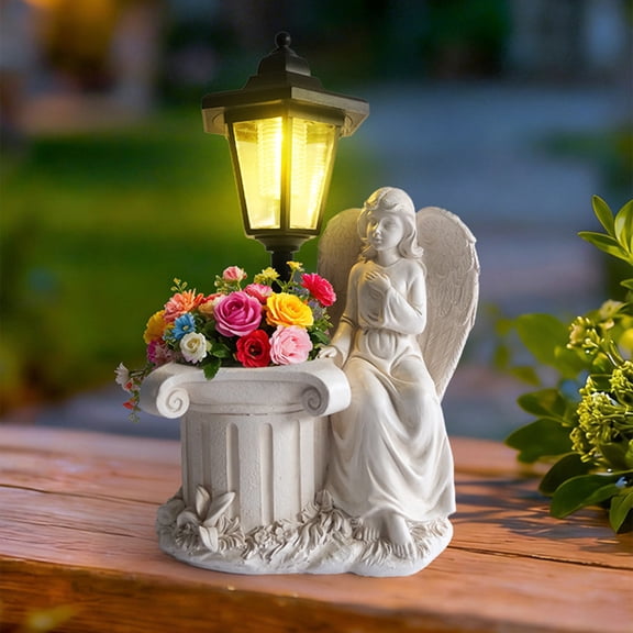 Solar LED Praying Angel Garden Statue, Resin Flower Pot Planter with Warm Auto-On Light, Weatherproof Outdoor Decor for Patio Cemetery Memorial