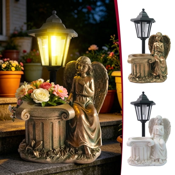 Solar LED Praying Angel Garden Statue Resin Outdoor Decor With Built-In Flower Planter Weatherproof Solar Light Figurine For Patio Yard Cemetery Memorial