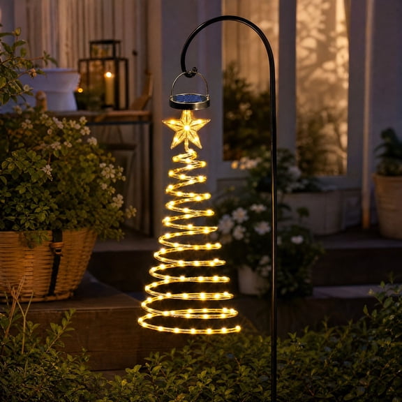 Solar LED Spiral Christmas Tree Lights with Star, Outdoor Holiday String Light Decoration for Garden Yard Party Winter Festive Decor