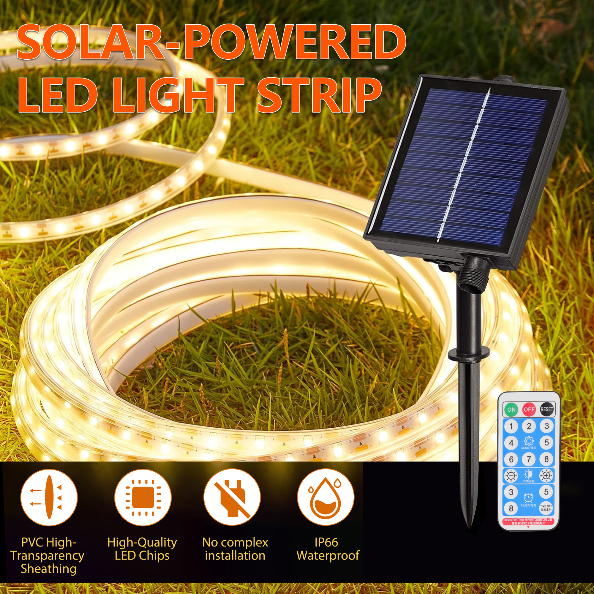Solar LED Strip Lights On Sale,Warm White 3000K Outdoor Rope Lights 8 Lighting Modes,300 LED