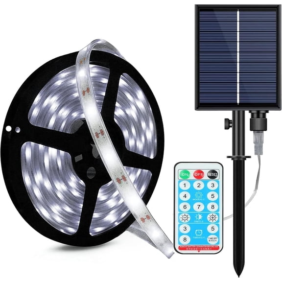 Solar LED Strip Lights Outdoor, 5m/16.4ft 300 LEDs Waterproof LED Strip with Remote 8 Lighting Modes Rope Lights for Holiday Yard Party Garden Christmas