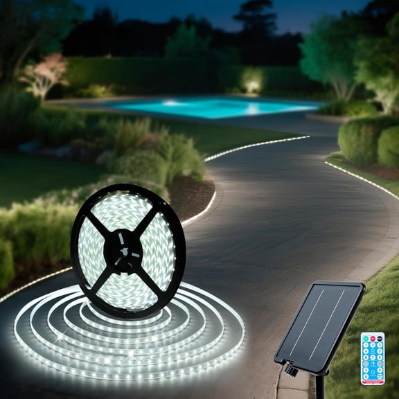 Solar LED Strip Lights Outdoor 6000K White Rope Light 32.8 FT Waterproof with 8 Modes Remote Control Dusk to Dawn Self-Adhesive Cuttable Decorative Lighting for Step, Pool, Deck