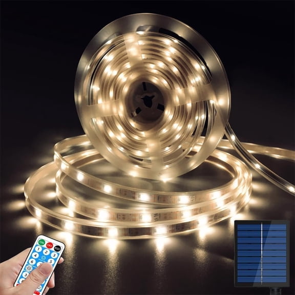Solar LED Strip Lights Outdoor Waterproof,9.8ft Warm White Solar Powered Strip Lights with Remote,Timer,8 Lighting Modes IP65 Waterproof Strip Lights for Step Gazebo Balcony outdoor bar Garden Decor