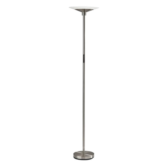 Solar LED Torchiere Wellness Floor Lamp in a Brushed Steel finish and Frosted Glass Shade