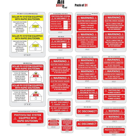 Solar Label Pack- 31 Premium Solar PV Safety Warning Photovoltaic System Labels