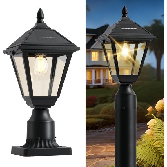 Solar Lamp  Light, 3000K Dusk to  Solar  Lights with Pier Mount Base,  Outdoor  Lantern,  & Glass Housing for Garden Yard Pole Pillar