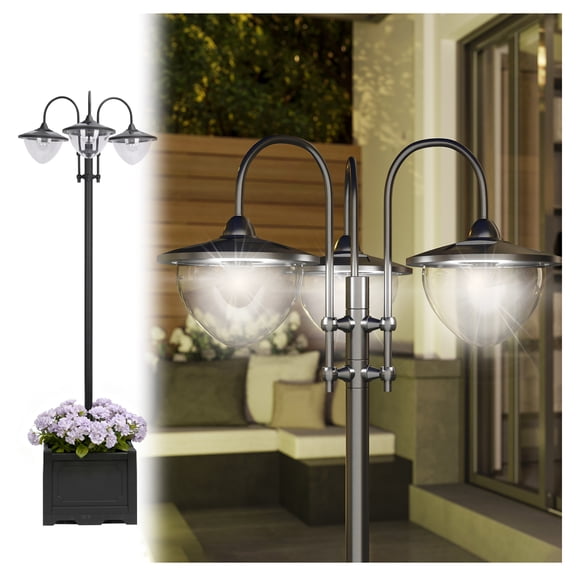 Solar Lamp Post 74.5", 3-Head Outdoor Lights with Planter, Waterproof LED Pathway Lighting for Garden, Backyard, Driveway, Black
