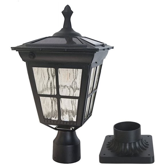 Solar Lamp Post Light, Cast Aluminium Waterproof LED Pillar Lights with Glass Outdoor Dusk to Dawn Light ST4311AQ for Pier Mount Gates Garden Pole Column Yard Path Driveway (Black, Lamp)