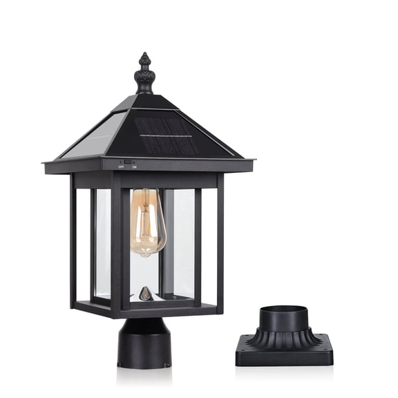 Solar Lamp Post Light, Aluminum Glass Lens Dusk to Dawn KMC Lighting LED Soalr Post Light ST4343Q Waterproof Outdoor for Pier Mount Gates Pole Column Porch Yard Driveway