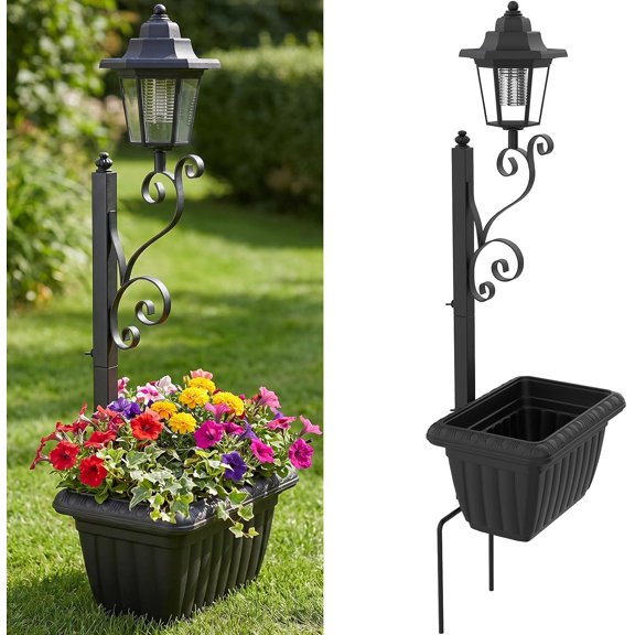 Solar Lamp Post Light with Planter, Auto On/Off Solar Light Planter Box | 2 in 1 Solar Planter Lights, IP44 Waterproof, with Flower Pots, with Solar Light, with Ground Stakes, for Garden, Outdoor