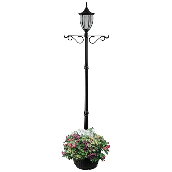 Solar Lamp Post Light with Planter and Hanger, 7ft. Outdoor Single Head Solar Post Light for Patio, Driveway, Lawn or Garden, 80 Lumens, Crestmont Design in Black