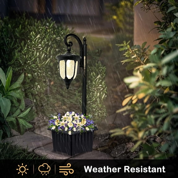 Solar Lamp Post Light with Planter, Outdoor Solar Lights with Crackle Glass, Matte Black Outdoor Flower Pots, 2 in 1 Solar Post Lights Waterproof for Porch Garden