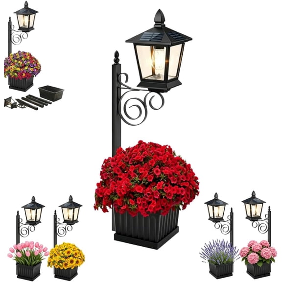 Solar Lamp Post Light With Planter, 2 In 1 Waterproof, 60 Lumens, Dusk Activated, Matte Black, For Garden Pathway
