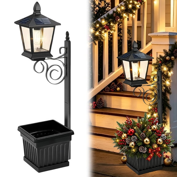 Solar Lamp Post with Planter, 27" Outdoor Decor Planter Light Dusk to Dawn, Waterproof Decorative Light Wall Mount or Freestanding for Front Porch, Patio & Garden, Warm White