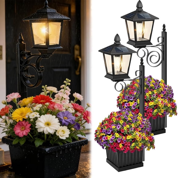 Solar Lamp Post Planter Waterproof 2 In 1 Crackle Glass Matte Black Floor For Lawn Patio Porch Decor