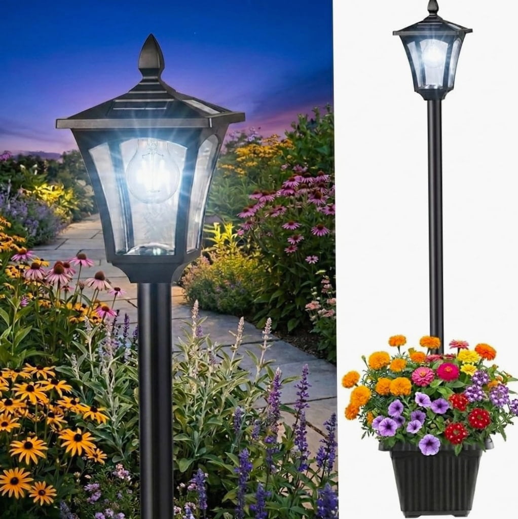 Solar Lamp Post With Planter Base, 76 Inch Tall Outdoor Garden Light ...