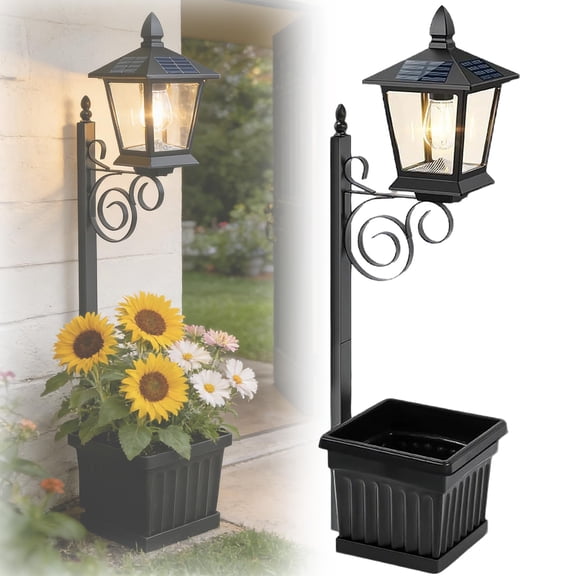 Solar Lamp Post with Planter, 2-in-1 Outdoor Solar Light with Built-in Planter Box, Auto On/Off Warm White Light for Front/Back Door