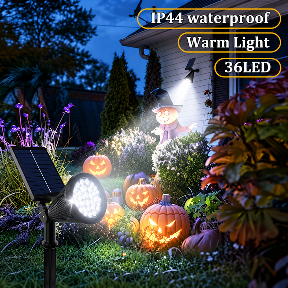 Solar Landscape Lights Outdoor, 36 LED Warm White Spotlights with 3-Level Dimming, IP44 Waterproof Solar Powered Garden Lights, Auto On/Off Intelligent Light Control for Yard, Lawn, Flower Bed, Tree