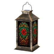 Solar Lantern Antique Stained Glass Sanctuary Garden Hanging Lantern Waterproof Solar Powered Lighting Outdoor Lamp for Deck Yard Camping Patio Decor