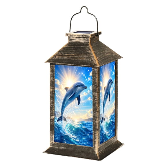 Solar Lantern Aquamarine Dolphin Scene Sunlit Ocean Waves Garden Hanging Lantern Waterproof Solar Powered Lighting Outdoor Lamp for Deck Yard Camping Patio Decor
