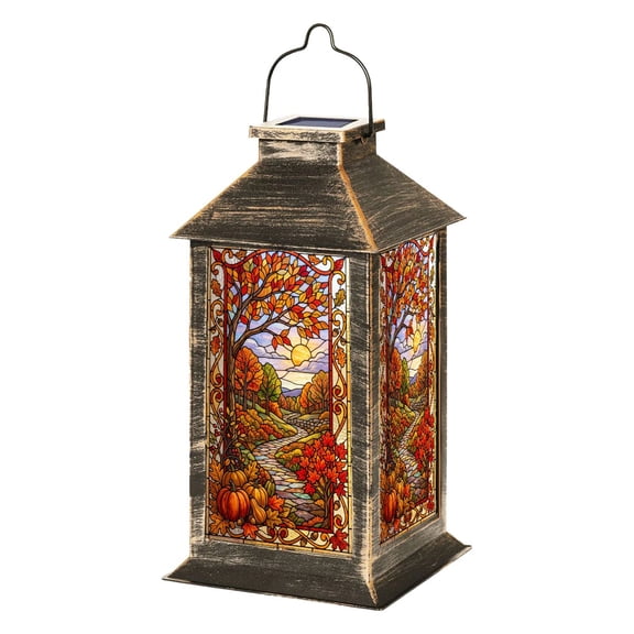 Solar Lantern Autumn Stained Glass Design Vibrant Leaves Pumpkins Pathway Scene Garden Hanging Lantern Waterproof Solar Powered Lighting Outdoor Lamp for Deck Yard Camping Patio Decor