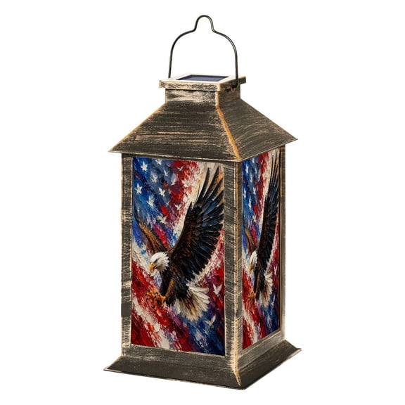 Solar Lantern Bald Eagle Spread Wings Against Patriotic American Flag Garden Hanging Lantern Waterproof Solar Powered Lighting Outdoor Lamp for Deck Yard Camping Patio Decor