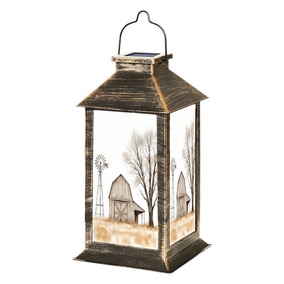 Solar Lantern Barn Windmill Framed Artwork Rustic Barn Wood Farm Metal Garden Hanging Lantern Waterproof Solar Powered Lighting Outdoor Lamp for Deck Yard Camping Patio Decor