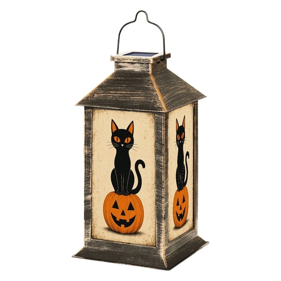 Solar Lantern Black Cat Sitting Carved Pumpkin Vintage Halloween Style Garden Hanging Lantern Waterproof Solar Powered Lighting Outdoor Lamp for Deck Yard Camping Patio Decor